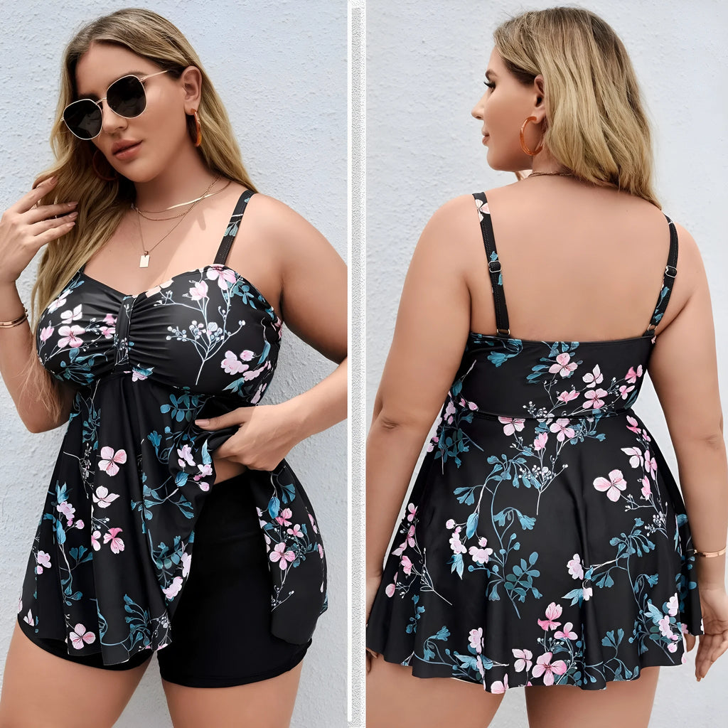 Women's split colour floral print one-piece swimsuit with high elasticity polyester fabric