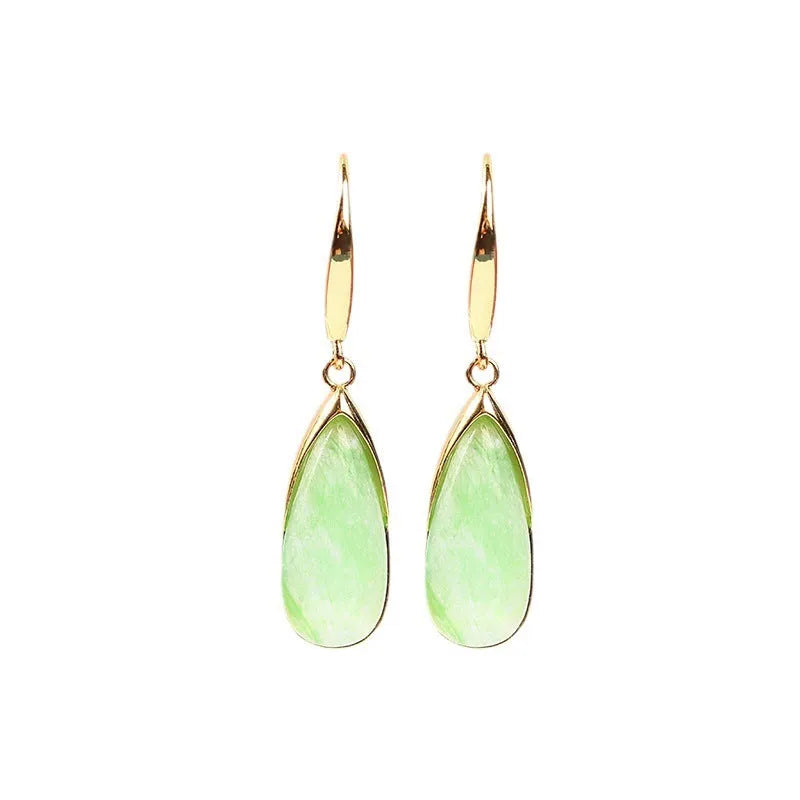Chinese style geometric earrings with water droplet design in jade colour on copper base