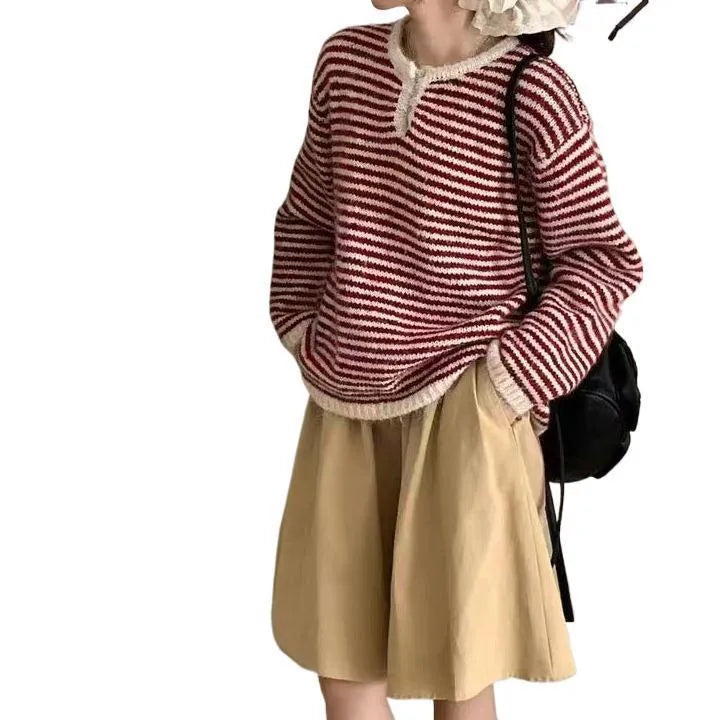 Retro striped cashmere pullover sweater for women in loose free size fit with 50cm length