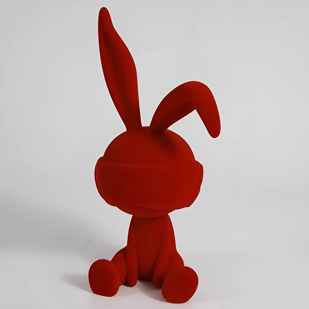 Resin rabbit table ornament with suede blindfold in blue, green or red colour options