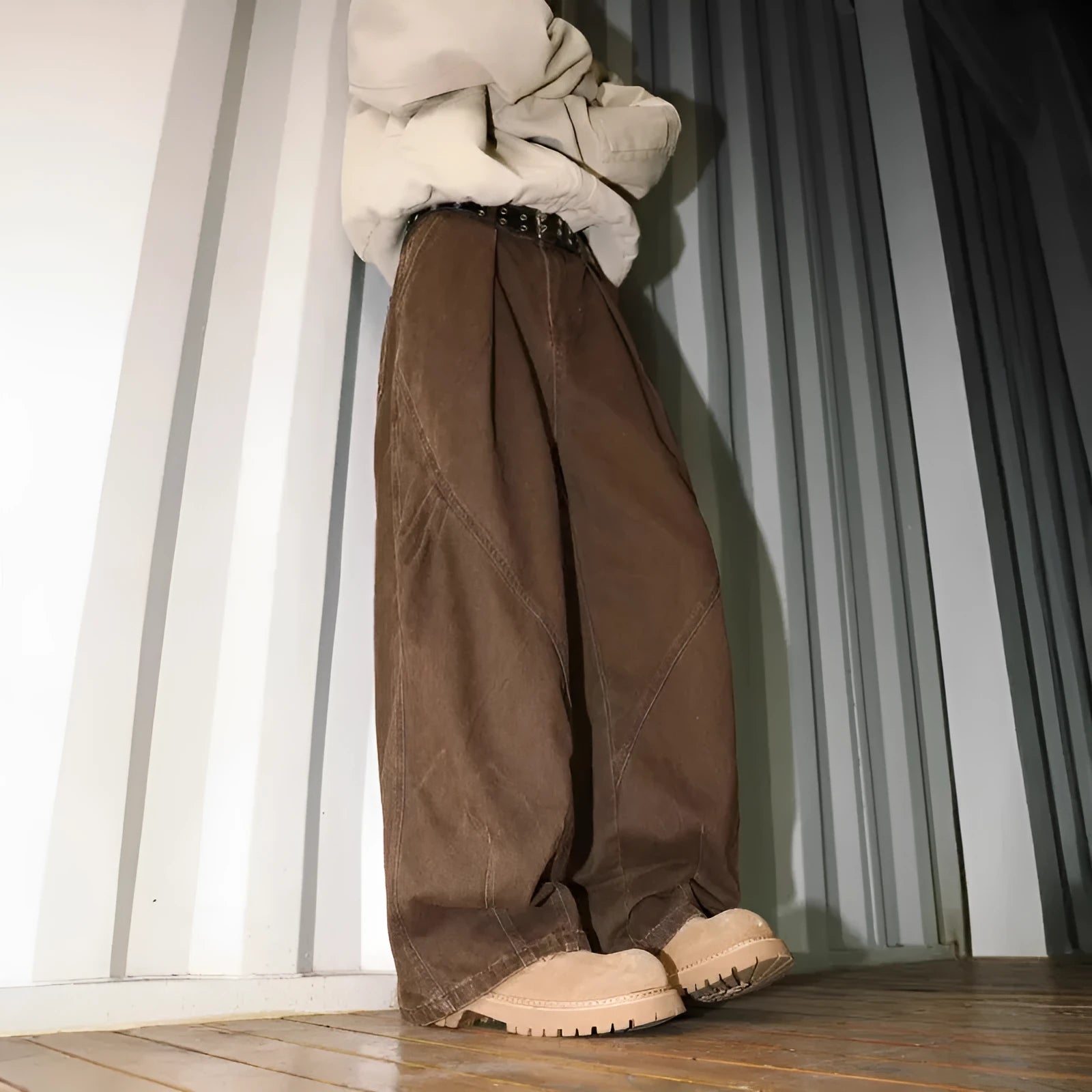 Men's straight leg trousers with pleated front in striped black, brown or apricot colours