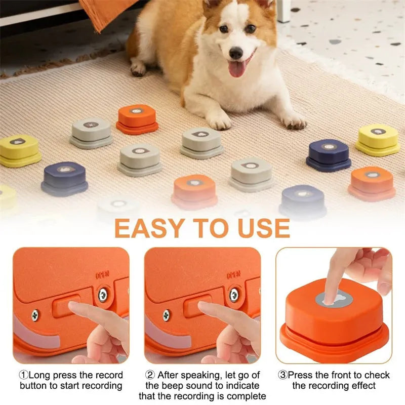 Pet communication button in orange, blue, grey and yellow with mats, 8.5cm ABS plastic recordable dog talking toy