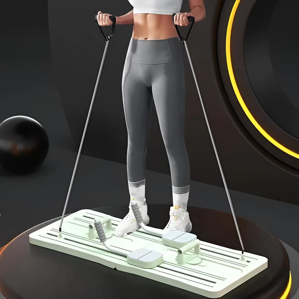 Foldable purple PP plastic belly panel fitness board for abdominal exercises on a home floor.