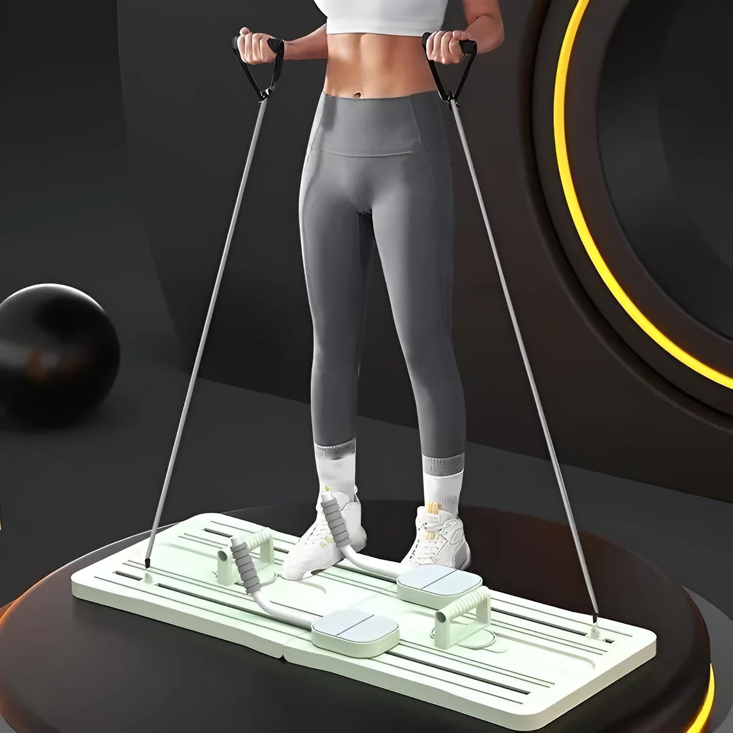 Foldable purple PP plastic belly panel fitness board for abdominal exercises on a home floor.