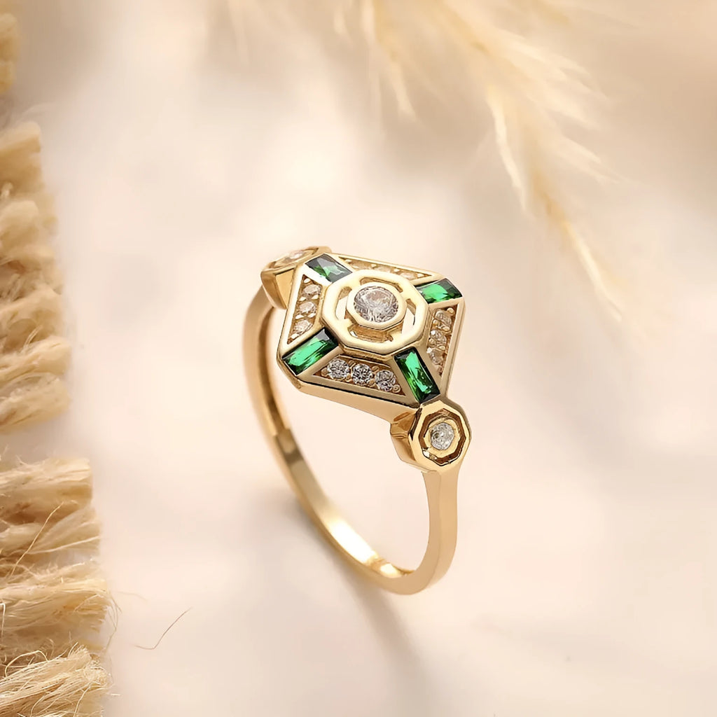 Women's geometric square emerald diamond ring with lvzuan gemstone in electroplated setting