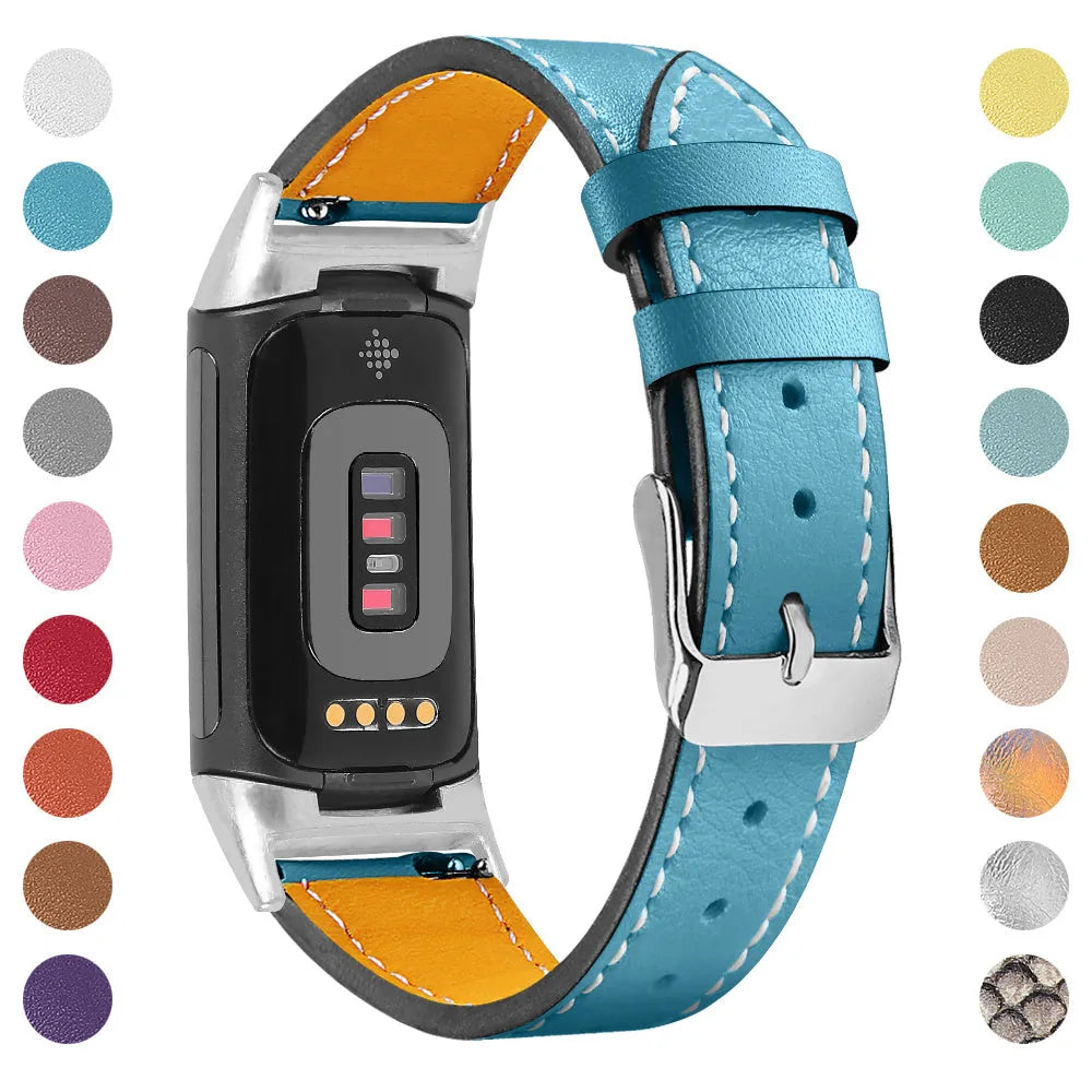 Genuine leather replacement strap for Fitbit Charge 5 and Charge 6 smartwatches in multiple colour options