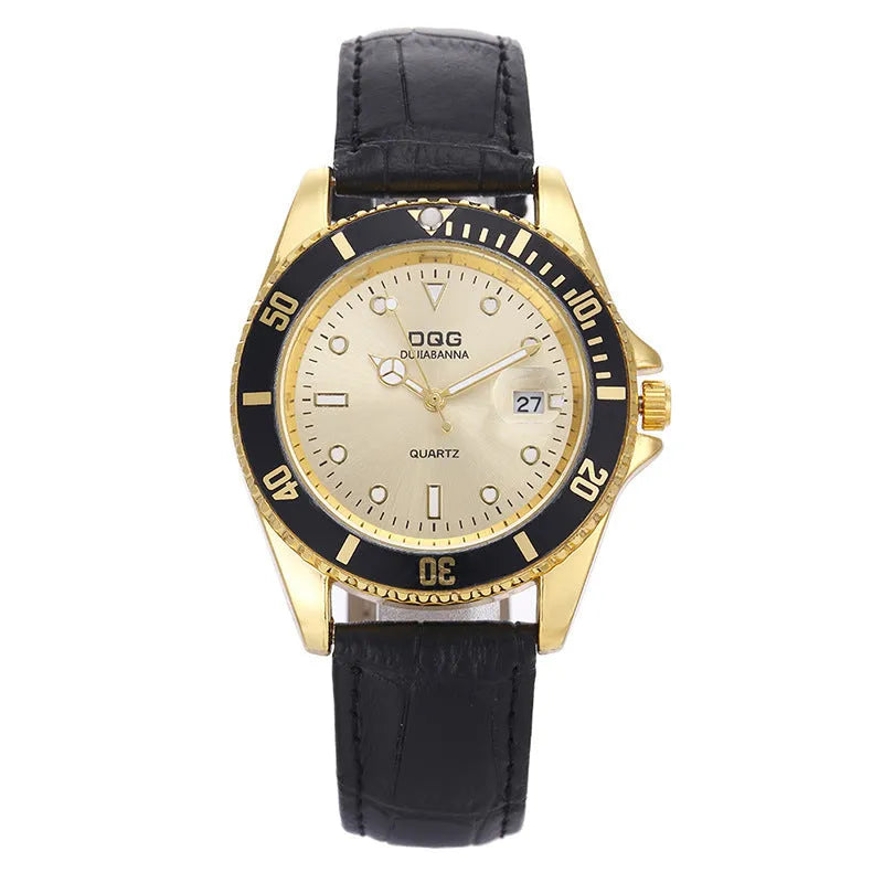 Men's quartz watch with calendar display, 40mm round dial, stainless steel strap, gold and black colour options