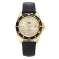Men's quartz watch with calendar display, 40mm round dial, stainless steel strap, gold and black colour options