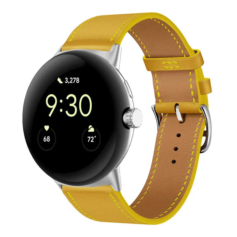 Google Pixel watch microfiber PU leather contrast colour replacement strap in Amber, black and silver head grain options