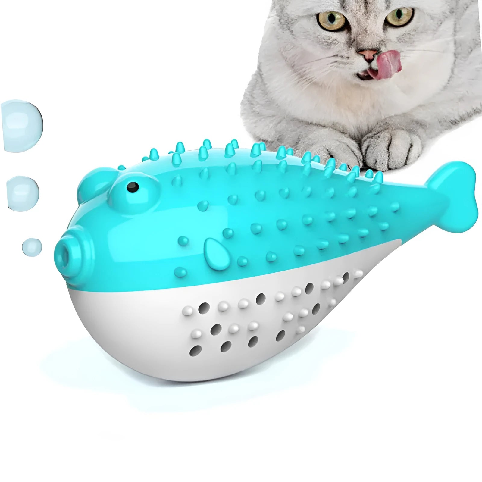 Blue silicone fish-shaped cat chew toy and teaser on a white background.