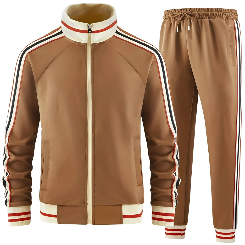 Khaki coloured street style suit with zipper cardigan turtleneck top and matching trousers.