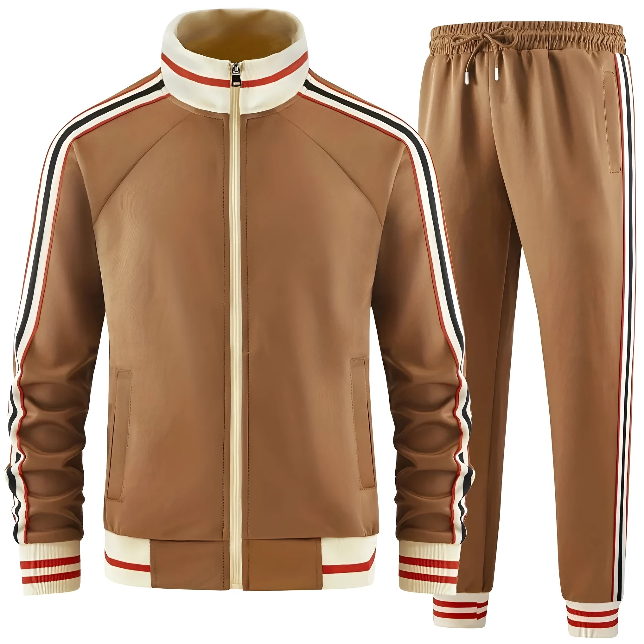 Khaki coloured street style suit with zipper cardigan turtleneck top and matching trousers.