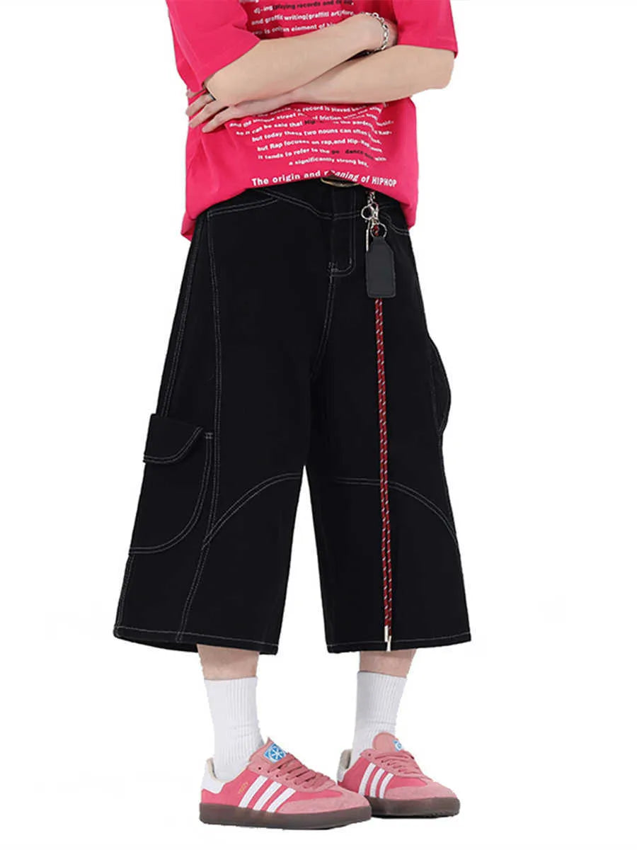 Retro wide leg denim shorts with multiple pockets, shown in red and black colour options.