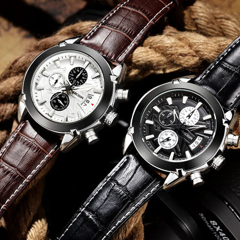 Men's quartz chronograph watch with three sub-dials, luminous hands, 15mm thickness, black and brown colour options