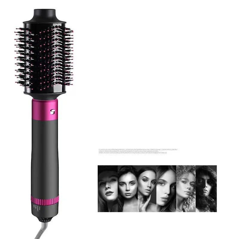 Dyson grey 5-in-1 hair dryer brush and straightening brush with five interchangeable attachments on a white background