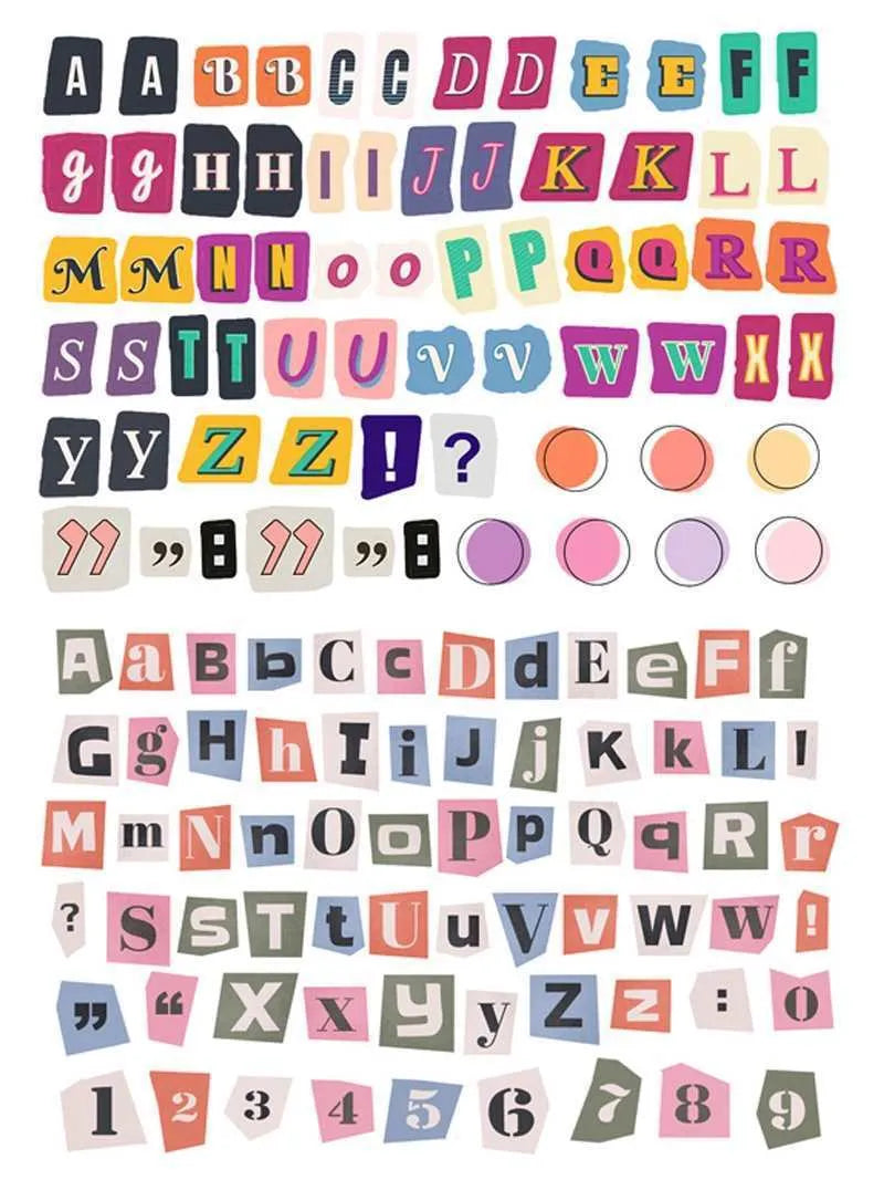English alphabet and number sticker sheets showing colourful letter sets with cute designs for crafts and labelling