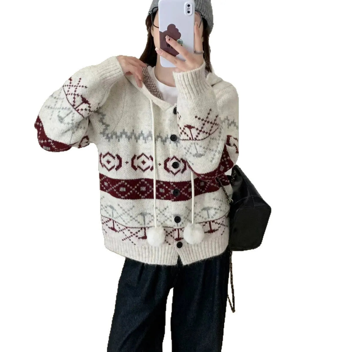 Plus size women's loose fit brocade sweater coat with geometric pattern in beige colour