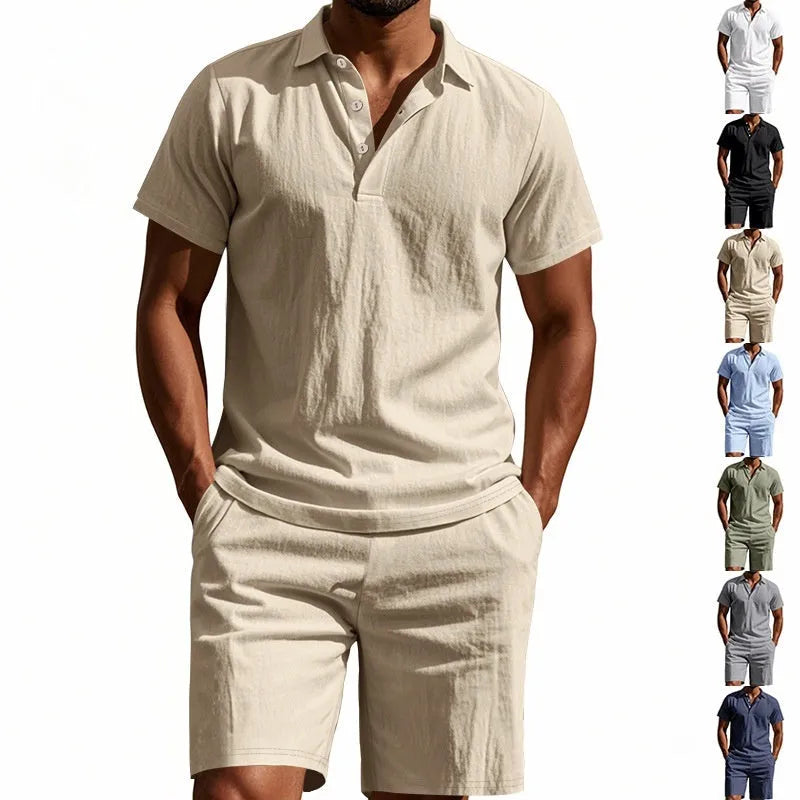 Men's light grey linen shorts suit with short sleeve shirt and matching shorts