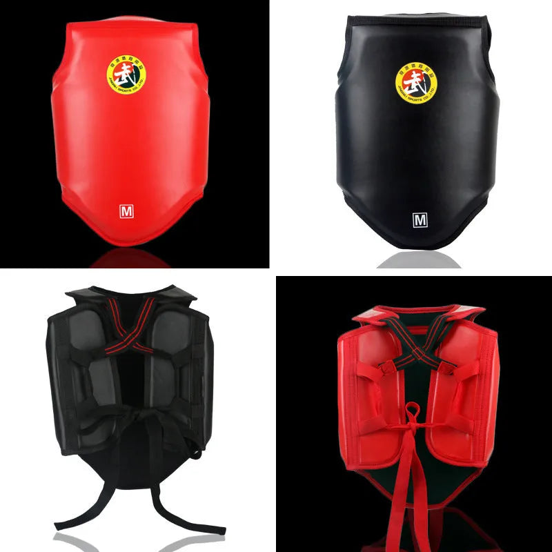 Red adult boxing helmet and one-piece chest protector set for martial arts training