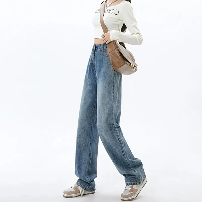 Women's retro blue high-waist wide-leg jeans with straight cut on a model