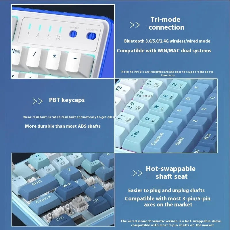 Three-mode mechanical keyboard with 104 keys in various colour options on a desk