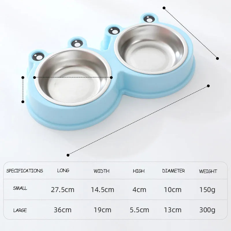 Stainless steel pet bowl with double compartments and frog pattern design for dogs and cats