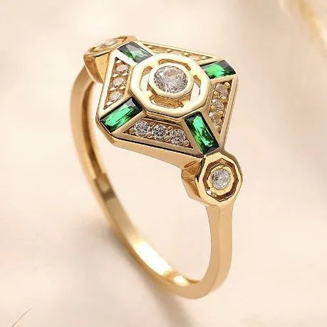 Women's geometric square emerald diamond ring with lvzuan gemstone in electroplated setting