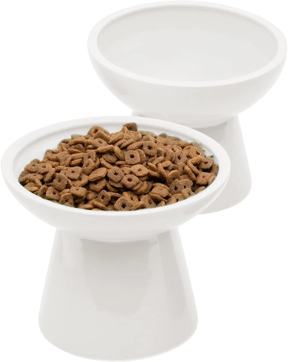 Elevated ceramic cat bowl set with wide shallow dish in blue green pink white colour options