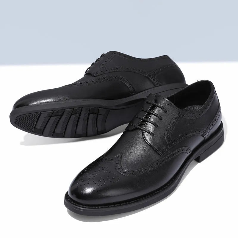 Men's black and brown brogue shoes with wingtip design and perforated detailing for business wear