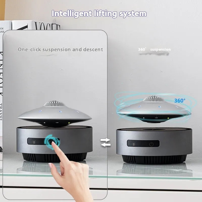 Automatic lifting magnetic levitation Bluetooth speaker with floating orb above a black base.