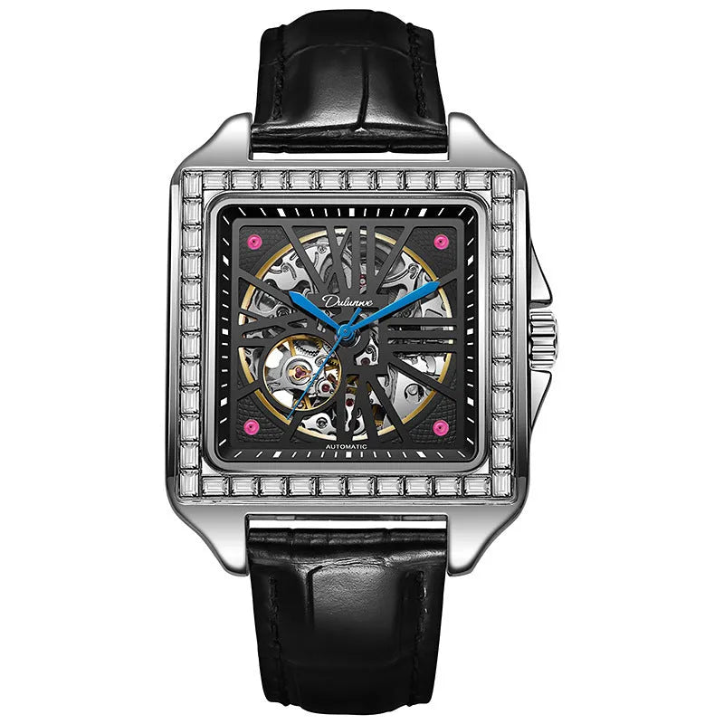 Men's square automatic watch with diamond-studded case on a black stainless steel bracelet.