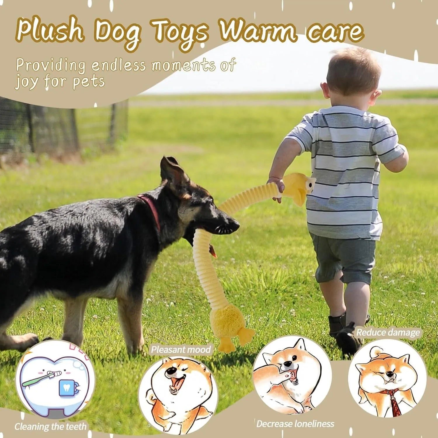 Brown, grey, and yellow plush squeaky dog toys with crinkle material for chewing.