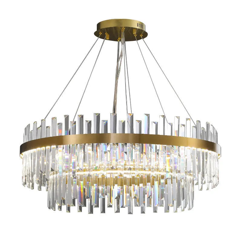 Stainless steel and crystal multi-head chandelier light with adjustable height for ceiling.