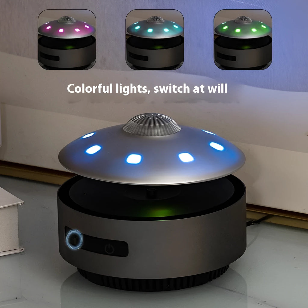 Automatic lifting magnetic levitation Bluetooth speaker with floating orb above a black base.