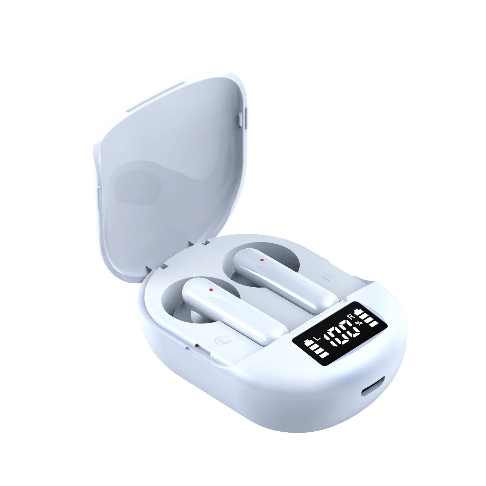 Black and white wireless Bluetooth in-ear earphones with a compact charging case.