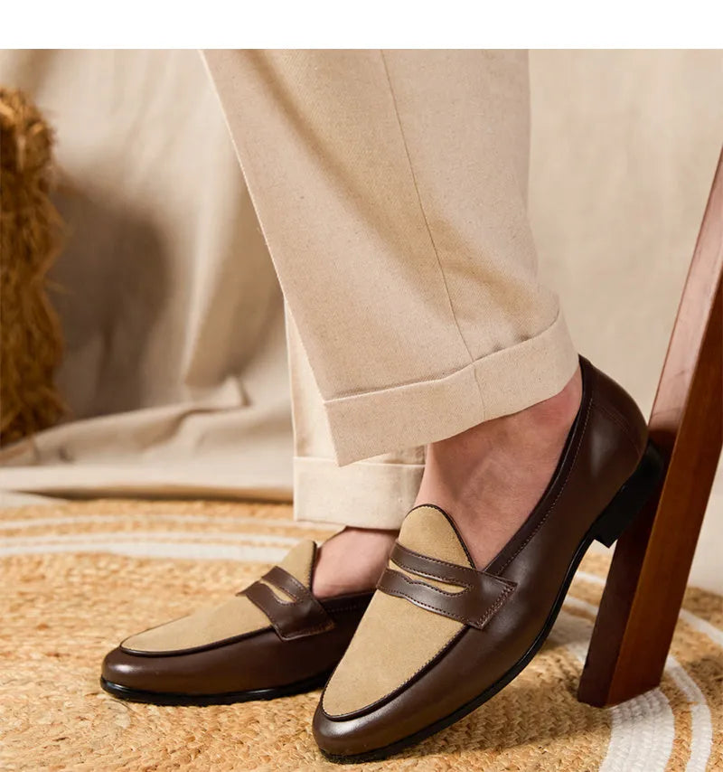 Coffee grey suede Belgian loafers with a slip-on design and rubber sole.