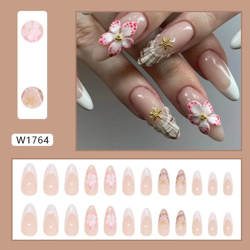French style fake nails set with rock pattern patch and simple flower artwork in colour W1764