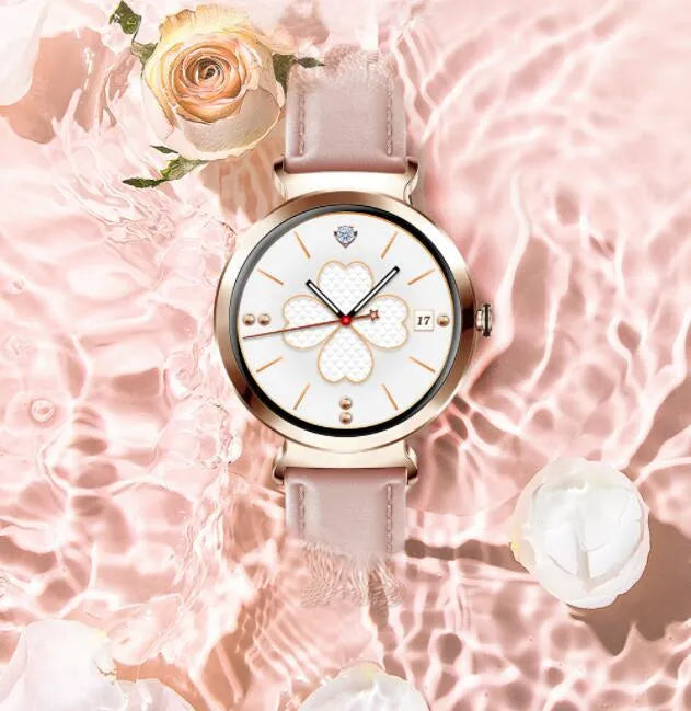 Zinc alloy smart bracelet for women with 1.28-inch colour screen on a silver strap.