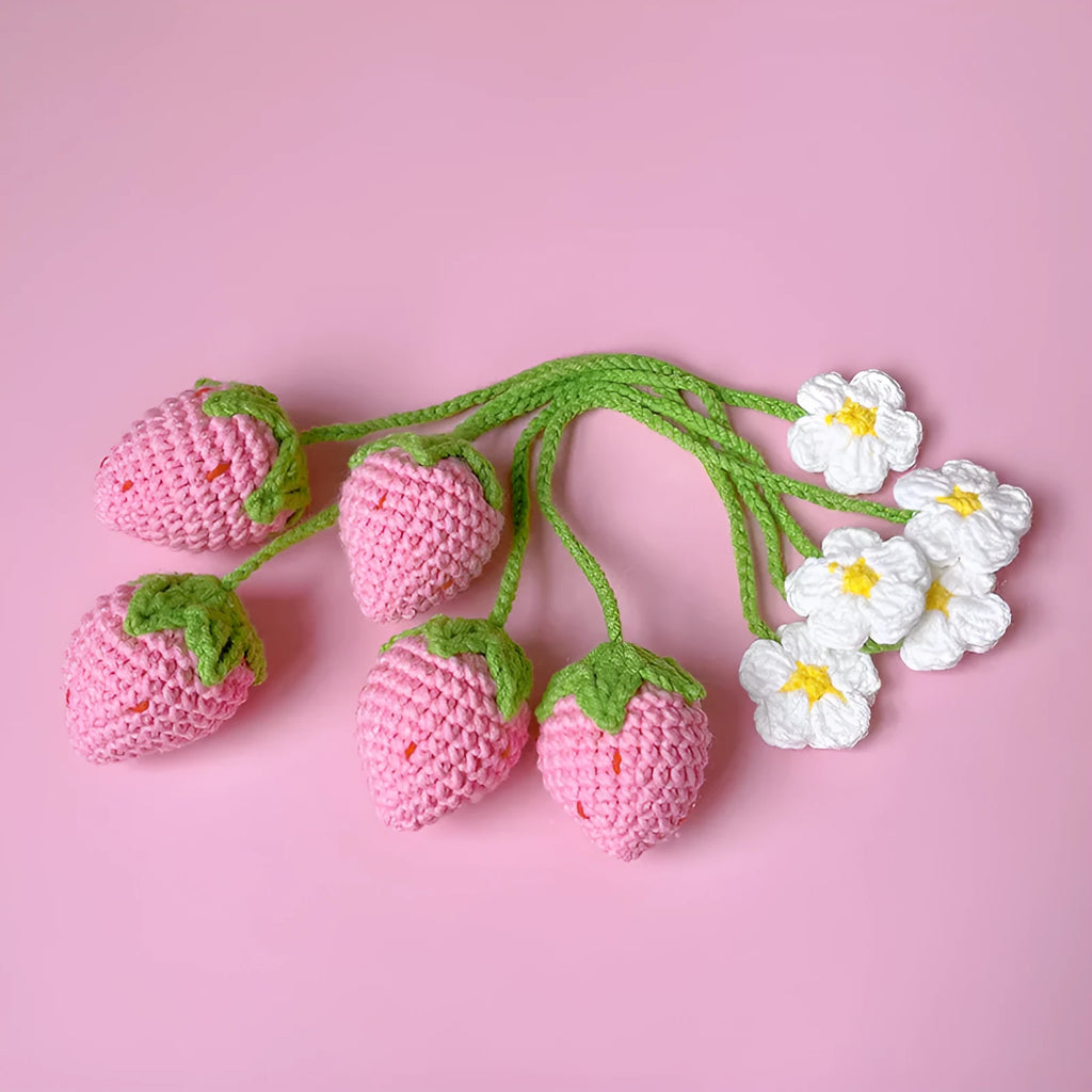 Knitted wool strawberry pendant necklace with 35cm cord and woven charm