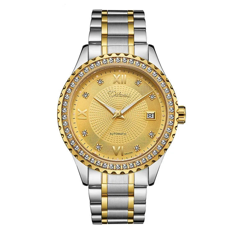 Fashionmonger gold and silver automatic mechanical watch with luminous hands on a black or white dial.