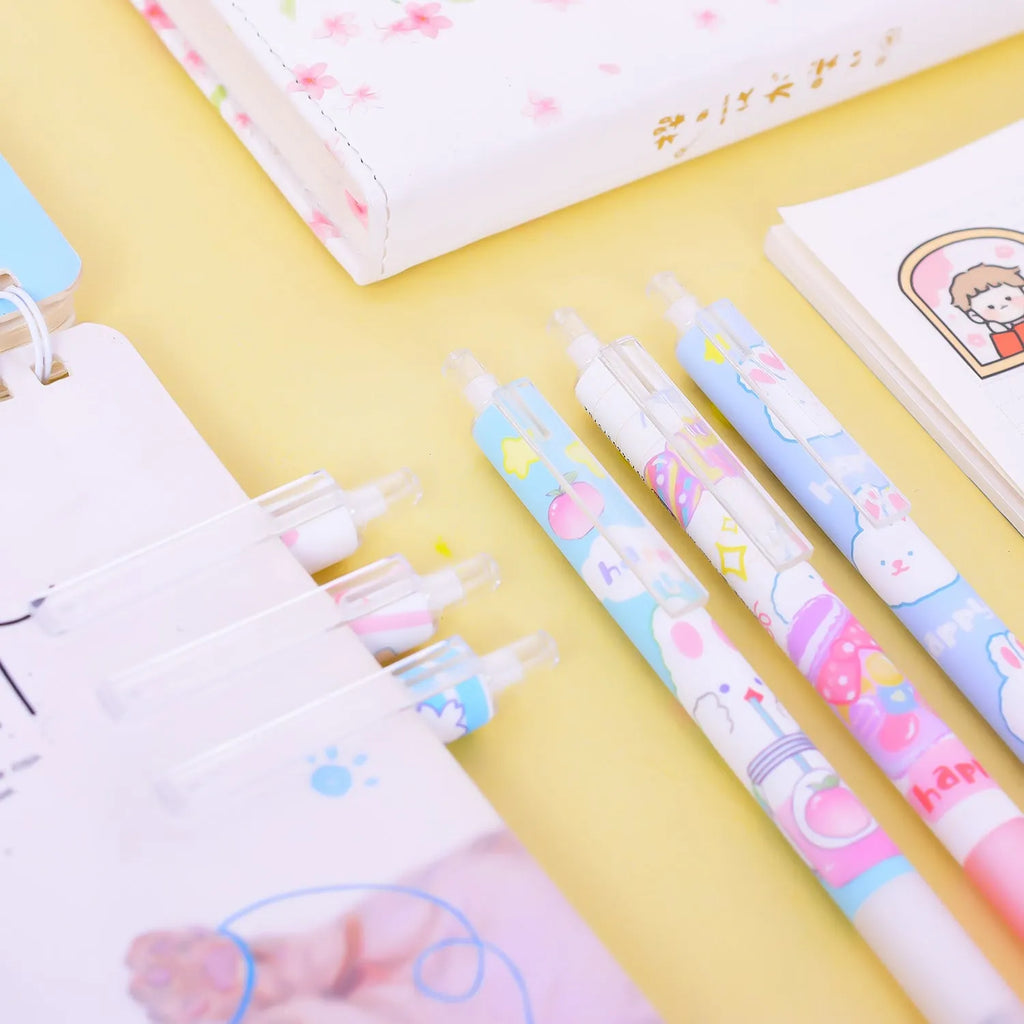 Six black student pens with 0.5mm tips and cartoon bunny design displayed in packaging