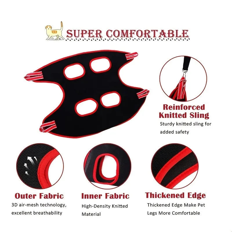 Pet grooming hammock restraint bag suspended for dog nail trimming