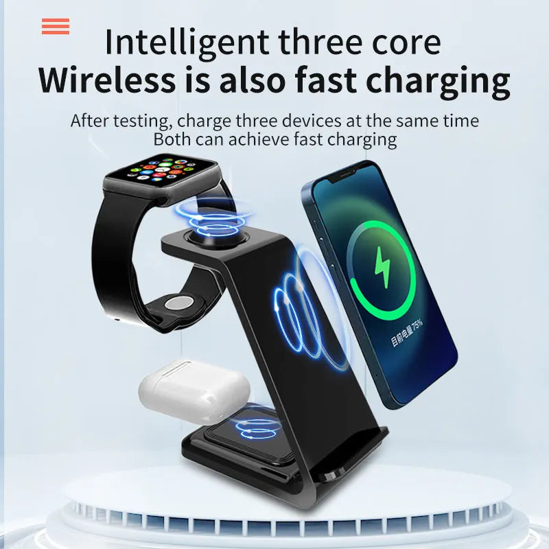 3-in-1 upright wireless phone charger with dual coil technology and QC3.0 fast charging