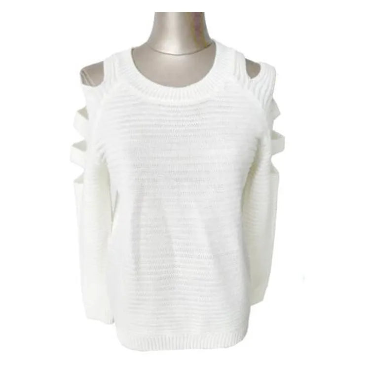 Women's white hollow-out crocheted knit long sleeve pullover shirt on a hanger.