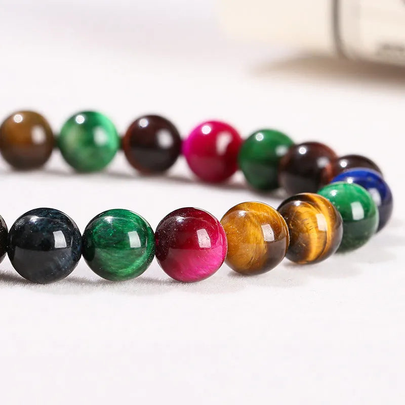 Women's colourful tiger eye gemstone bracelet with round beads in 6mm, 8mm, 10mm, and 12mm sizes