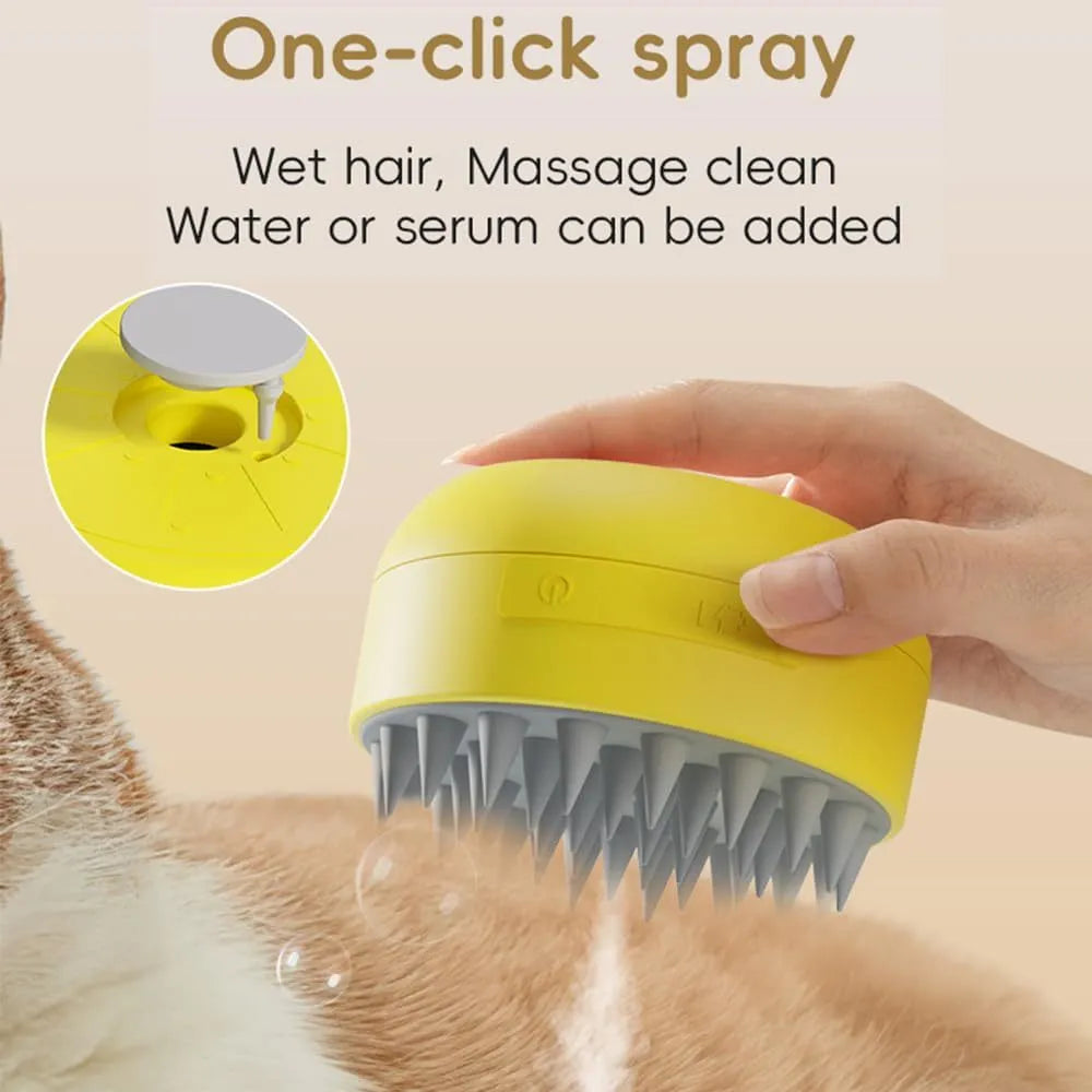 Green and yellow rechargeable silicone steam brush for grooming cats and dogs.