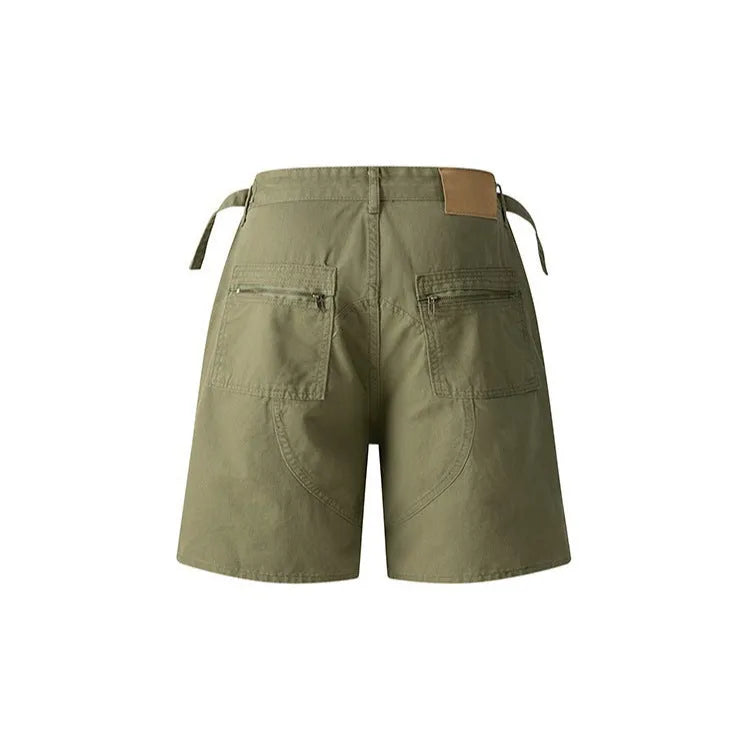 Retro style loose fit workwear shorts in washed cotton cloth, shown in grey, green, camouflage and blue colour options.
