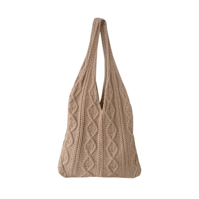 Large retro hollow knitted woolen tote bag with double shoulder straps in a solid colour.