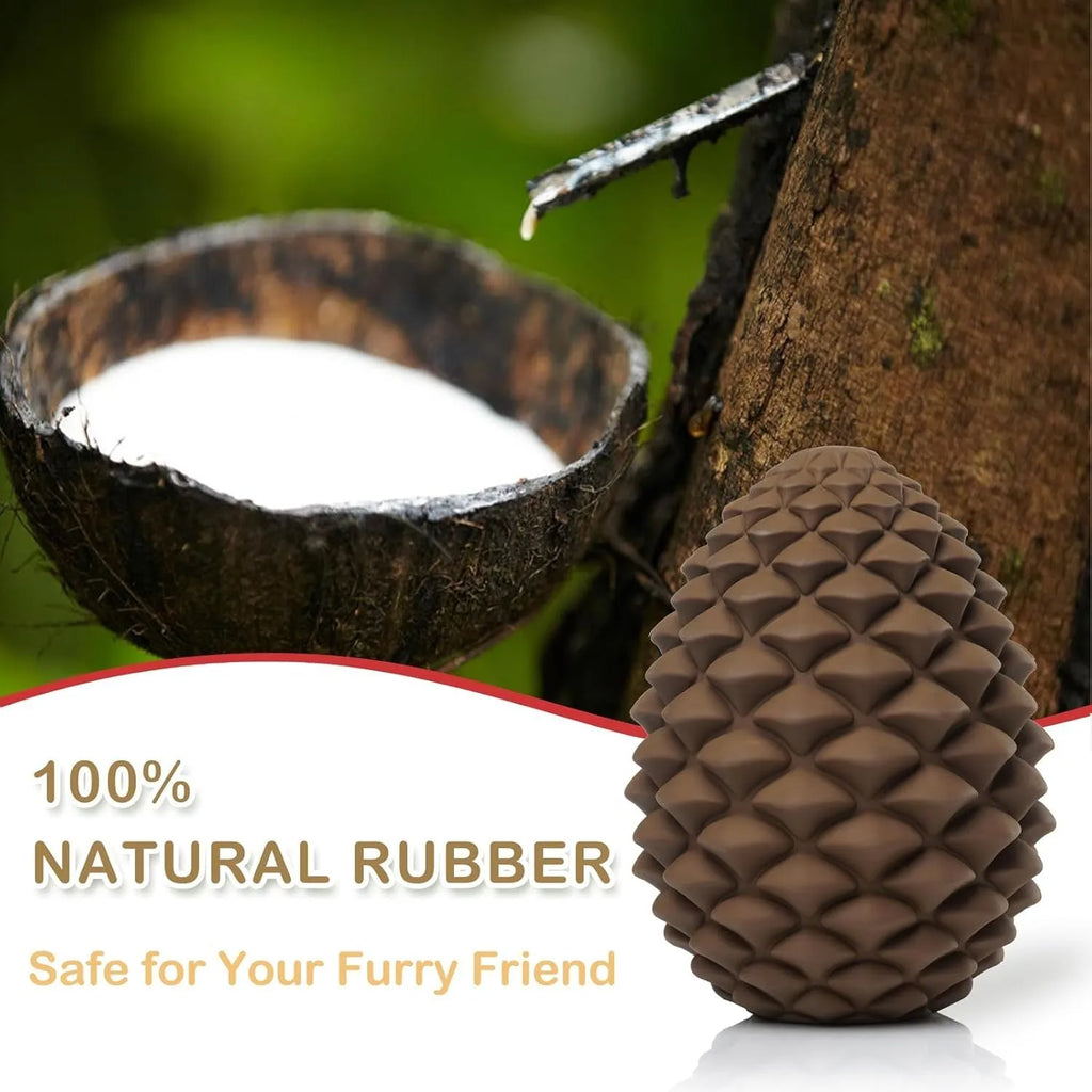 Natural rubber pine cone shaped dog toy with treat dispenser for medium and large aggressive chewers