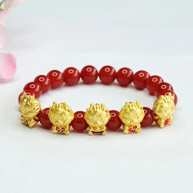 Natural red agate bracelet with five blessing dragon design on 8mm beads.